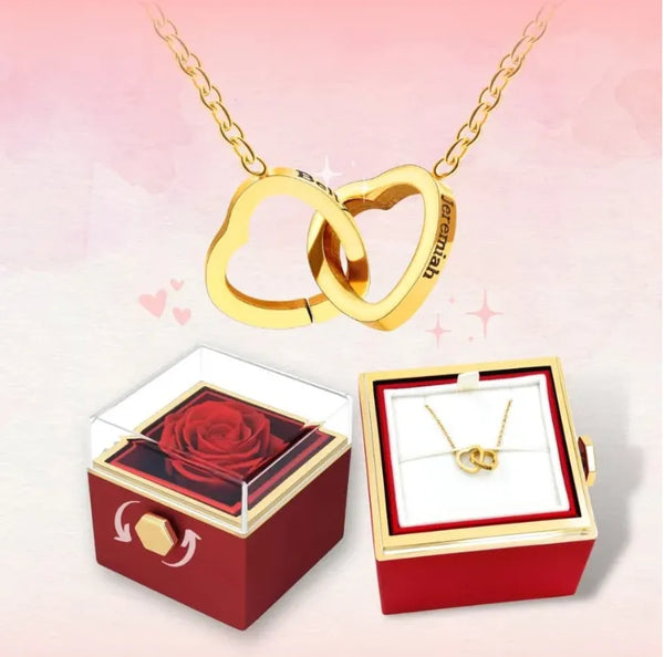 Custom Double Heart engraved Name Necklace & Eternal Rose box